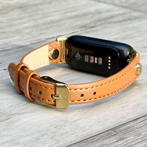 Elegant Leather Fitbit Inspire 3 Band, Women Slim Strap with Gold Accents, Adjustable Size Bracelet, Gift for Her, Minimalist Style