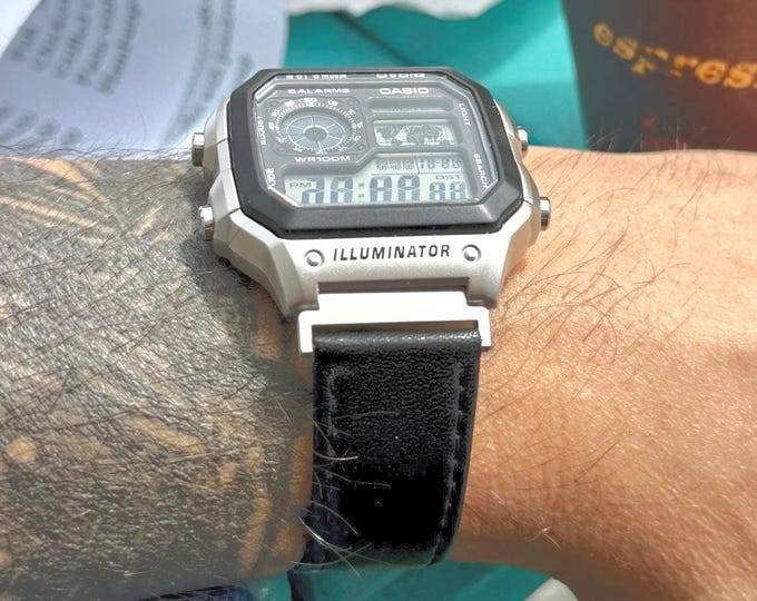 Black Genuine Leather Watch Band for Casio AE1200WHD-1A, Casio Royale Strap, Adjustable Wristband