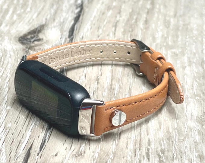 Light Brown Leather Fitbit Inspire 3 Band Slim Strap, Silver Accents