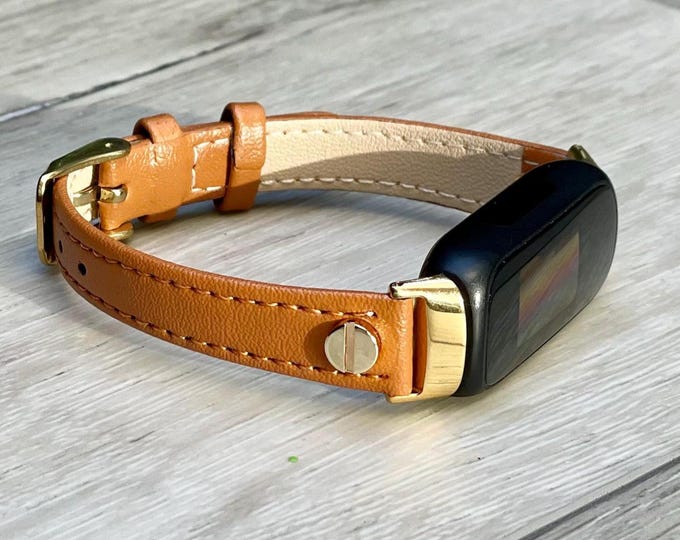 Classy Brown Leather Fitbit Luxe Band Gold Accents Bracelet, Slim Woman Strap, Feminine Style Fitbit Luxe Jewelry Band, Gift for Her