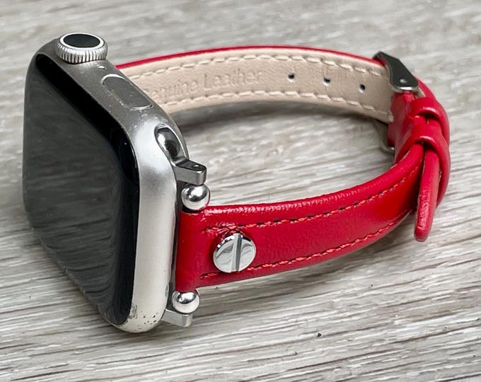 Apple Watch Band Slim Red Leather Women Smartwatch Strap 42mm 46mm 41mm 40mm 38mm 44mm 45mm Ultra 2, Elegant Fitness Watch Band Adjustable