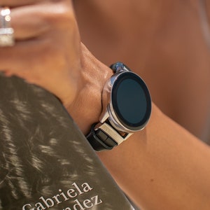 Samsung Galaxy Watch Leather Band, Slim Black & Silver, Adjustable Handmade Strap for Galaxy Watch Ultra, 7, 6, 5 Series