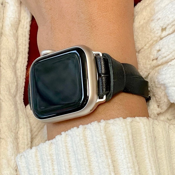 Schwarzes Leder-Apple-Watch-Band für Damen – Muttertagsgeschenk für Sie – Serie 1–9/SE – Schickes schmales Armband – iWatch-Band für Damen
