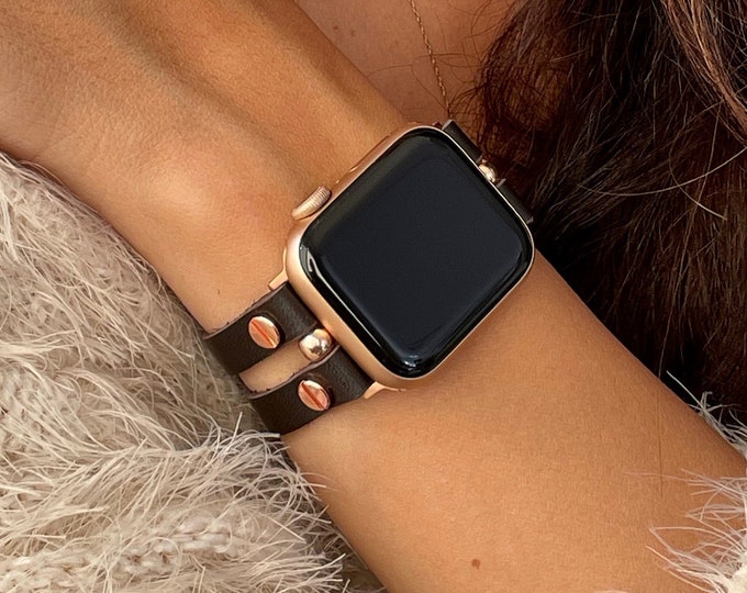 Apple Watch Band - Double Straps iWatch Bracelet - 42mm 46mm 41mm 45mm 49mm, Woman Style Chic Apple Watch Strap Band with Rose Gold Accents