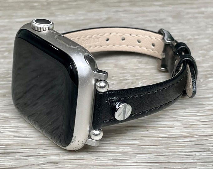 Apple Watch Band Slim Black Leather Women Smartwatch Strap 42mm 46mm 41mm 40mm 38mm 44mm 45mm Ultra 2 Elegant Fitness Watch Band Gold/Silver