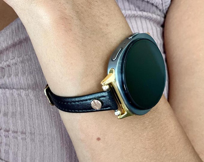 Galaxy Watch 8 Leather Band – Slim Black Adjustable Bracelet Strap, Gold or Silver Hardware