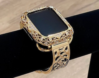 Gold Apple Watch Band Women Apple Watch Case Bumper Apple Watch Band Charm 38mm 40mm 41mm 42mm 44mm 45mm Series 8/7/6 Metal Apple Watch Band