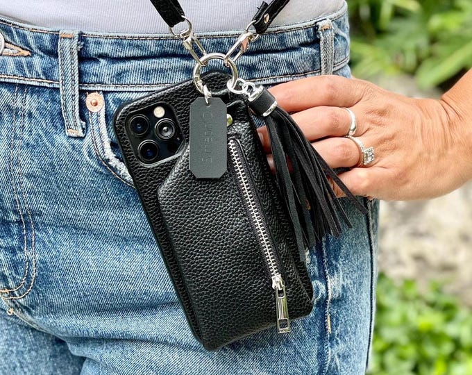 Personalized Crossbody Shoulder Strap Phone Case for Samsung Galaxy S25/S24/S23/S22/S21 Plus - Ultra - FE - Black Grain Leather Tassel Case
