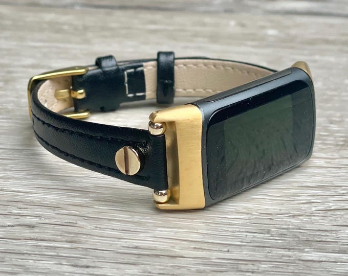 Elegant Fitbit Charge 6 Band Slim Leather Strap, Adjustable Size Feminine Bracelet with Gold or Silver Accents, Replacement Charge 6 Band