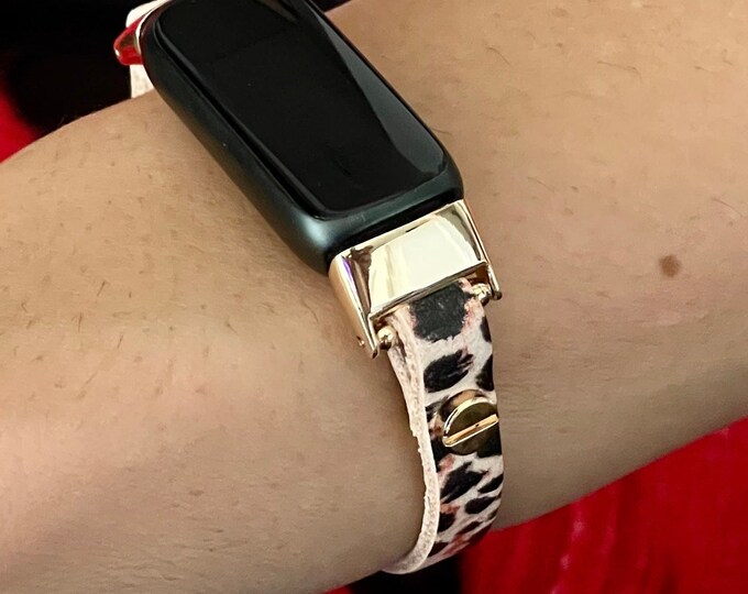 Leopard Print Leather Fitbit Inspire 3 Band for Women with Gold Accents, Fitbit Inspire 3 Bracelet, Slim Fitbit Inspire 3 Strap Jewelry