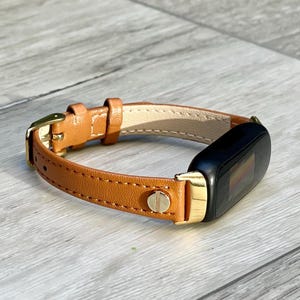 Classy Brown Leather Fitbit Luxe Band Gold Accents Bracelet, Slim Woman Strap, Feminine Style Fitbit Luxe Jewelry Band, Gift for Her