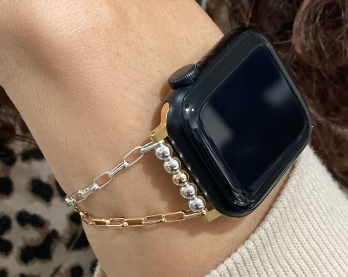 Luxury Apple Watch Band 42mm 46mm 41mm 45mm Two Tone Women Jewelry, Sterling Silver & Gold Filled Chain Bracelet, Elegant Gift for Her