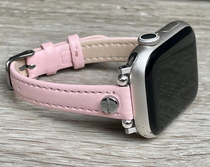 Slim Pink Leather Apple Watch Band, Adjustable Women's Strap Bracelet