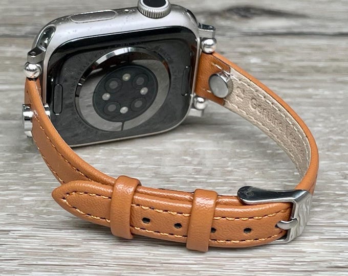 Slim Light Brown Apple Watch Band 42mm 46mm 41mm 38mm Women Strap 44mm 45mm Ultra 2, Elegant Leather Adjustable Size Bracelet, Gift for Her