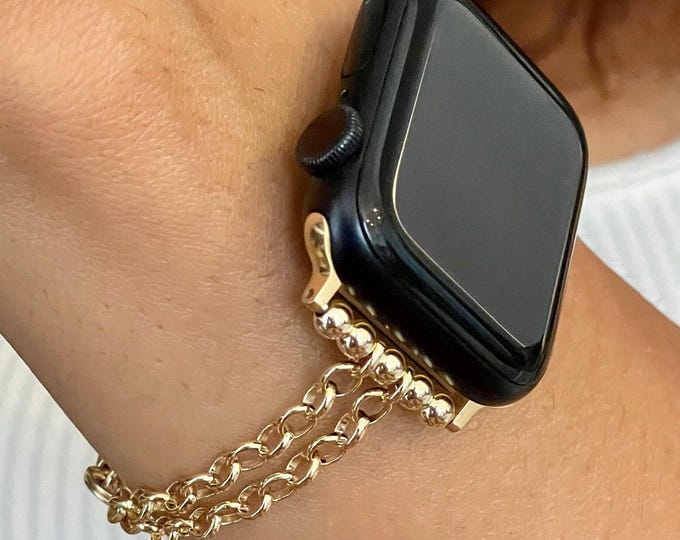 Gold Filled Chain Apple Watch Band Bracelet for Women, Double Strands Rolo Strap
