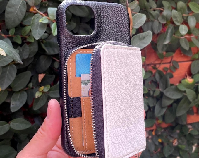 Black & White Grain Leather Crossbody iPhone Wallet Case: Adjustable Strap, Personalized