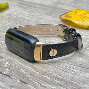 Women Fitbit Luxe Band Slim Leather Strap Bracelet with Gold Accents, Elegant Adjustable Size, Gift for Her, Feminine Daily Wear Wristband