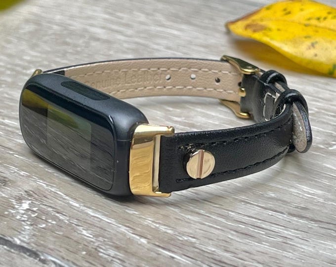 Women Fitbit Luxe Band Slim Leather Strap Bracelet with Gold Accents, Elegant Adjustable Size, Gift for Her, Feminine Daily Wear Wristband