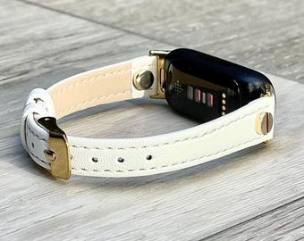White Leather Fitbit Inspire 3 Band, Slim Gold Accent Strap