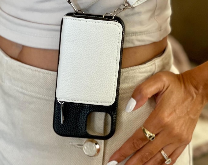 Grain Leather iPhone Case Wallet Pro Max Plus Air, Crossbody Strap, Personalized