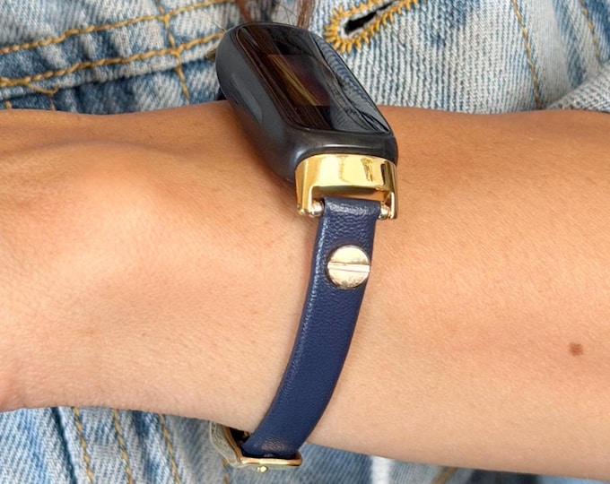 Slim Navy Blue Leather Fitbit Luxe Band Gold Accent Adjustable Bracelet