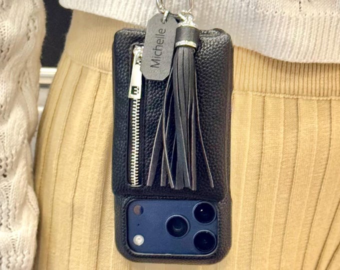 Black Leather iPhone 17 Pro Max Case Crossbody Shoulder Strap, Zipper Pouch & Tassel