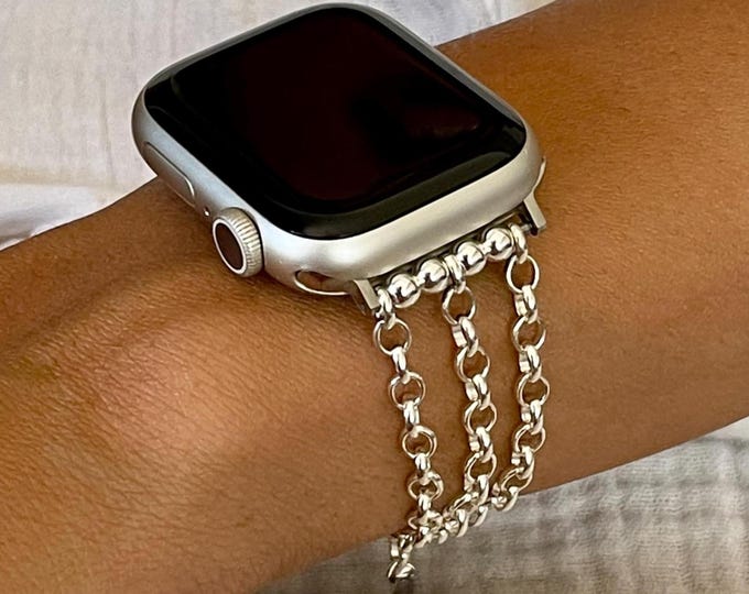 Handmade Sterling Silver Apple Watch Band, Rolo Chain Bracelet, Women's Strap