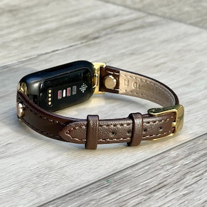Slim Leather Fitbit Luxe Band, Women Strap with Gold Accents, Adjustable Size Bracelet, Gift for Her, Minimalist Style Jewelry
