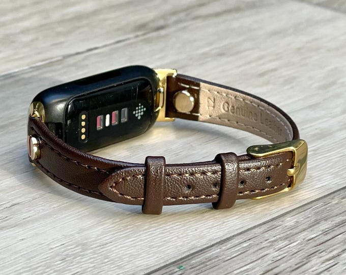 Slim Leather Fitbit Luxe Band, Women Strap with Gold Accents, Adjustable Size Bracelet, Gift for Her, Minimalist Style Jewelry