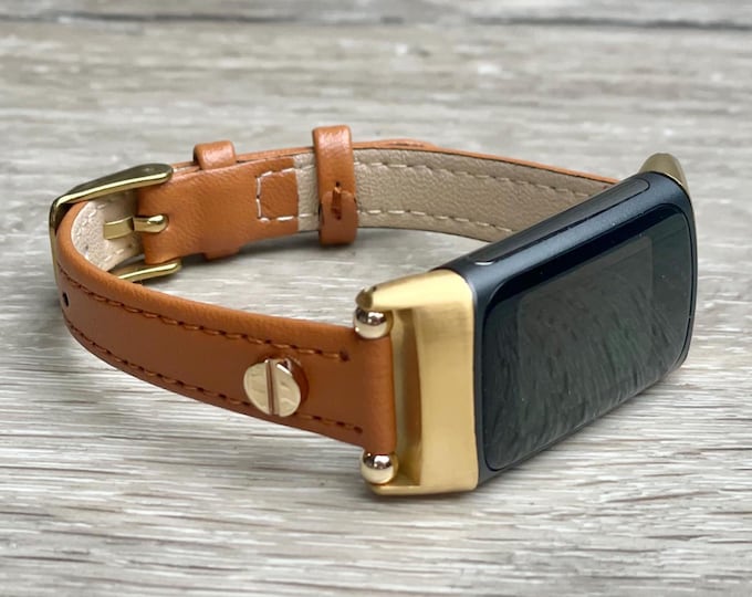 Fitbit Charge 6 Band Slim Leather Strap, Adjustable Size Bracelet with Gold or Silver Accents, Elegant Replacement Accessory, Gift for Her