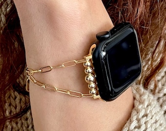 Pulsera tipo Apple Watch con cadena de clip de papel chapada en oro de 14 quilates, delicada joyería para mujer.