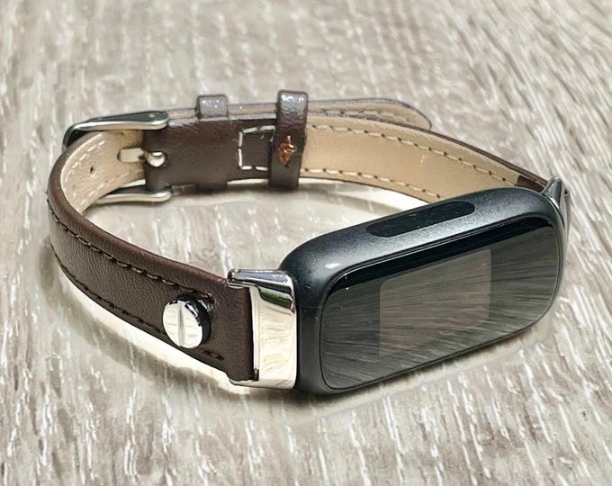 Fitbit Inspire 3 Band Slim Brown Leather Strap Silver Accents Jewelry, Soft Durable Bracelet, Elegant Replacement Inspire 3 Tracker Band