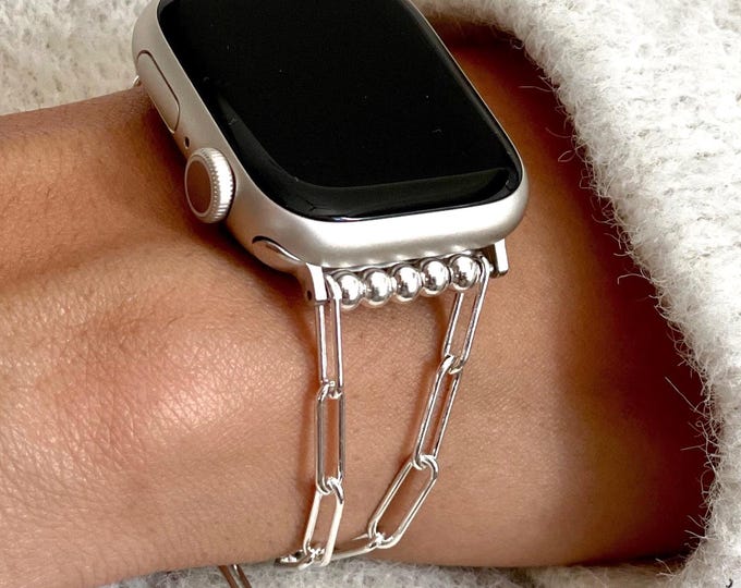 Luxury Apple Watch Band Paperclip Chain Women Smartwatch Strap, Fitness Watch, 42mm 46mm 40mm 41mm 38mm 44mm 45mm Sterling Silver Jewelry