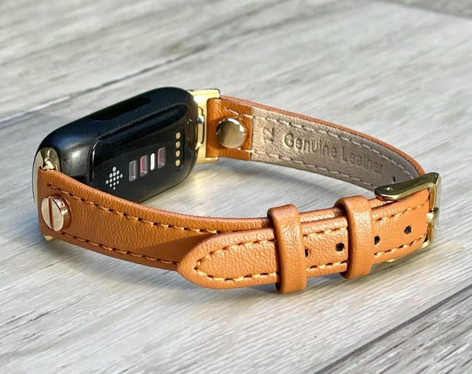 Fitbit Luxe Band Slim Women Strap Gold Accents, Elegant Leather Adjustable Size Bracelet, Gift for Her, Minimalist Style Jewelry