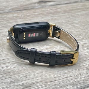 Black Leather Fitbit Inspire 3 Band: Slim Gold Jewelry Strap, Adjustable Bracelet