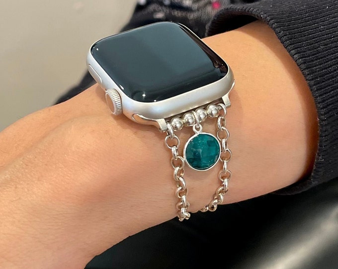 925 Sterling Silver Chain Bracelet for Apple Watch Women iWatch Band 38mm  40mm 41mm 45mm, Emerald Birthstone Jewelry, Luxury Watch Strap,