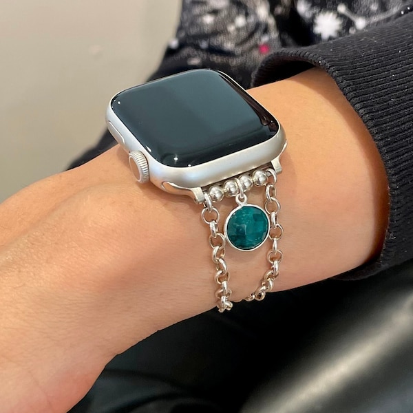 925 Sterling Silver Chain Bracelet for Apple Watch Women iWatch Band 38mm  40mm 41mm 45mm, Emerald Birthstone Jewelry, Luxury Watch Strap,