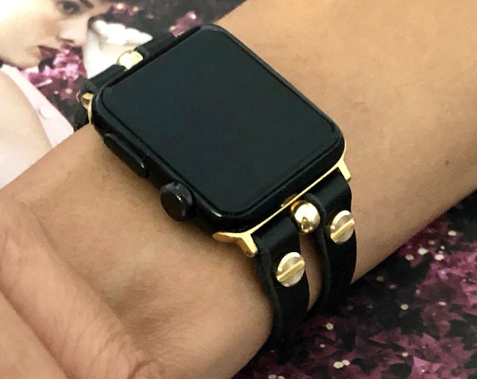 Gold Apple Watch Band, 38mm 40mm 41mm 42mm 44mm 45mm 46mm Ultra 2, iWatch Bracelet, Apple Watch Strap,  Black Leather Double Straps Band