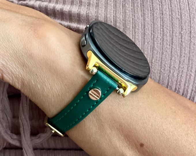 Galaxy Watch 8 Leather Band - Slim Emerald Green Adjustable Bracelet Strap (Classic Compatible)