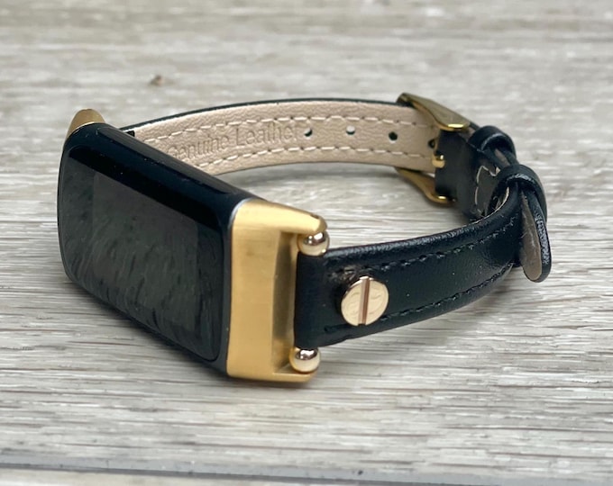 Classy Fitbit Charge 6 Band Slim Leather Strap, Adjustable Size Feminine Bracelet with Gold or Silver Accents, Replacement Smartwatch Band
