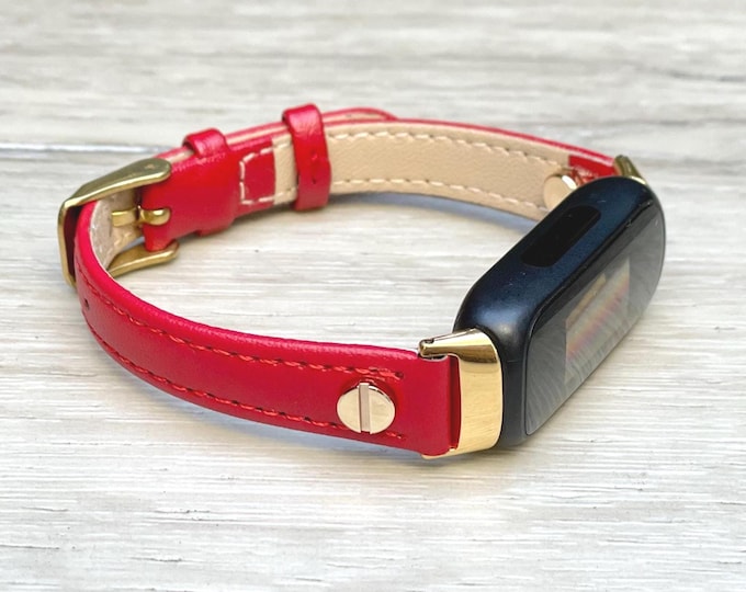 Slim Red Leather Fitbit Inspire 3 Band Strap, Minimalist Gold Accent Bracelet