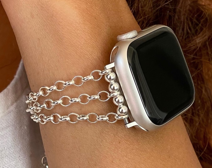 Sterling Silver Apple Watch Band Chain Bracelet for Women,  Adjustable Strap