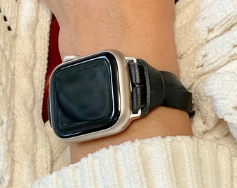 Zwart leren Apple Watch-band: smal bandje, damesarmband, zilveren hardware