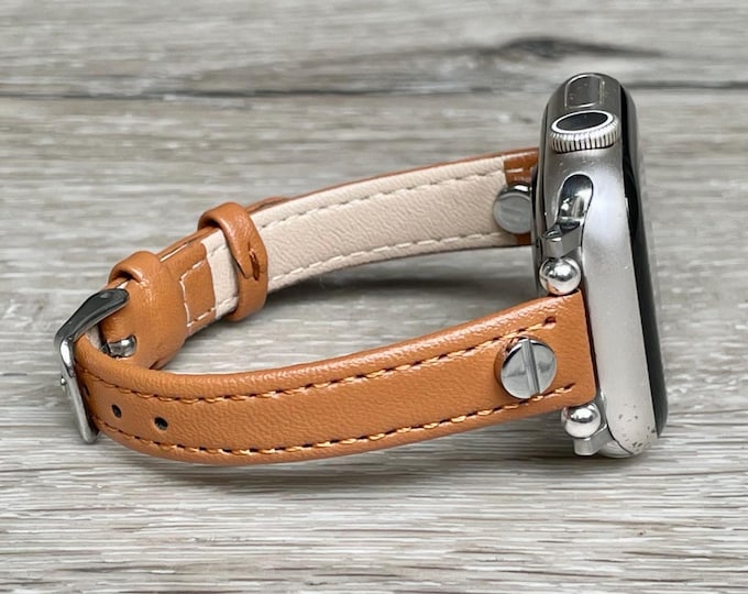 Slim Light Brown Apple Watch Band 42mm 46mm 41mm 38mm Women Strap 44mm 45mm Ultra 2, Elegant Leather Adjustable Size Bracelet, Gift for Her