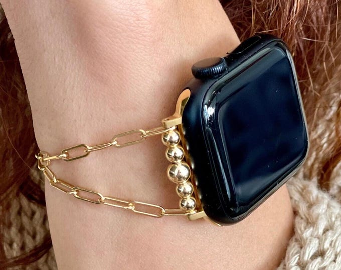 Gold Filled Paperclip Chain Apple Watch Band Bracelet, Adjustable Strap for Women