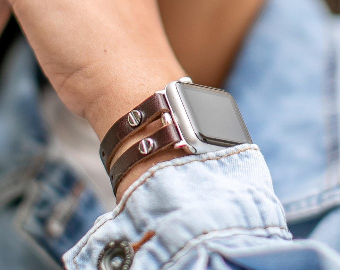 Dark Brown Leather Apple Watch Band: Handmade Italian Leather Strap, Silver Accents Bracelet