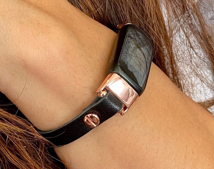 Black Leather Fitbit Luxe Band Rose Gold Bracelet Slim Fitbit Luxe Women Strap Fitbit Luxe Jewelry Fitbit Luxe Accessories
