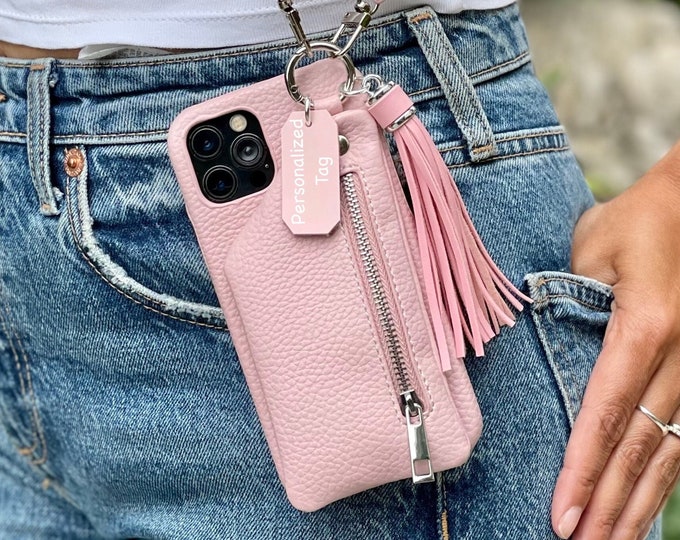 Crossbody Shoulder Strap Pink Leather Phone Case for iPhone 16/15/14/13/12 Pro Plus Max, Personalized iPhone Case with Zipper Wallet Tassel