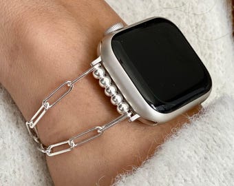 Sterling Silver Paperclip Chain Apple Watch Band: Elegant Jewelry Bracelet, Dainty Strap for Women