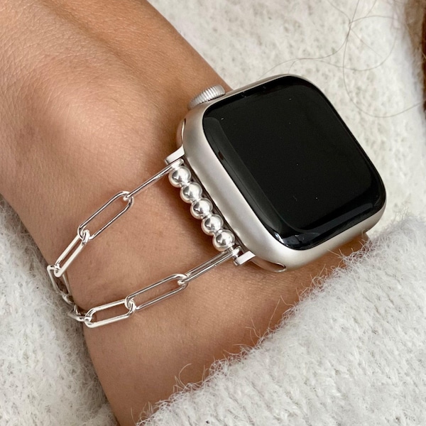 Sterling Silver Paperclip Chain Apple Watch Band: Elegant Jewelry Bracelet, Dainty Strap for Women